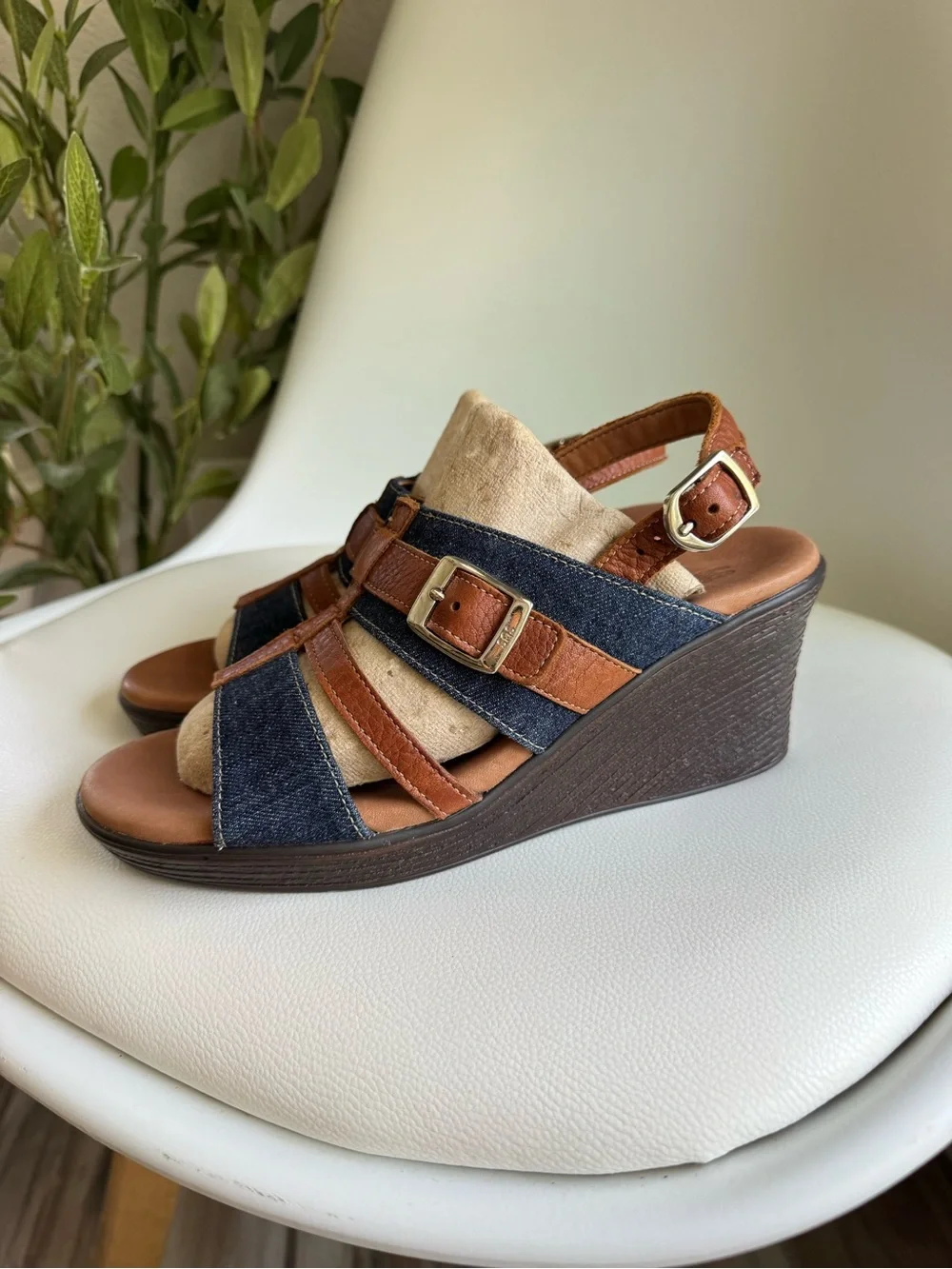 SAS Layla Denim Leather Wedge Sandals Women's 7.5 M Blue Brown Made in USA